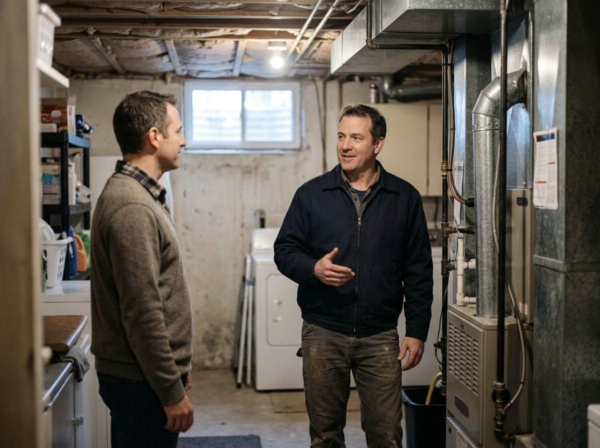 An HVAC technician talking with a homeowner in a basement beside a furnace