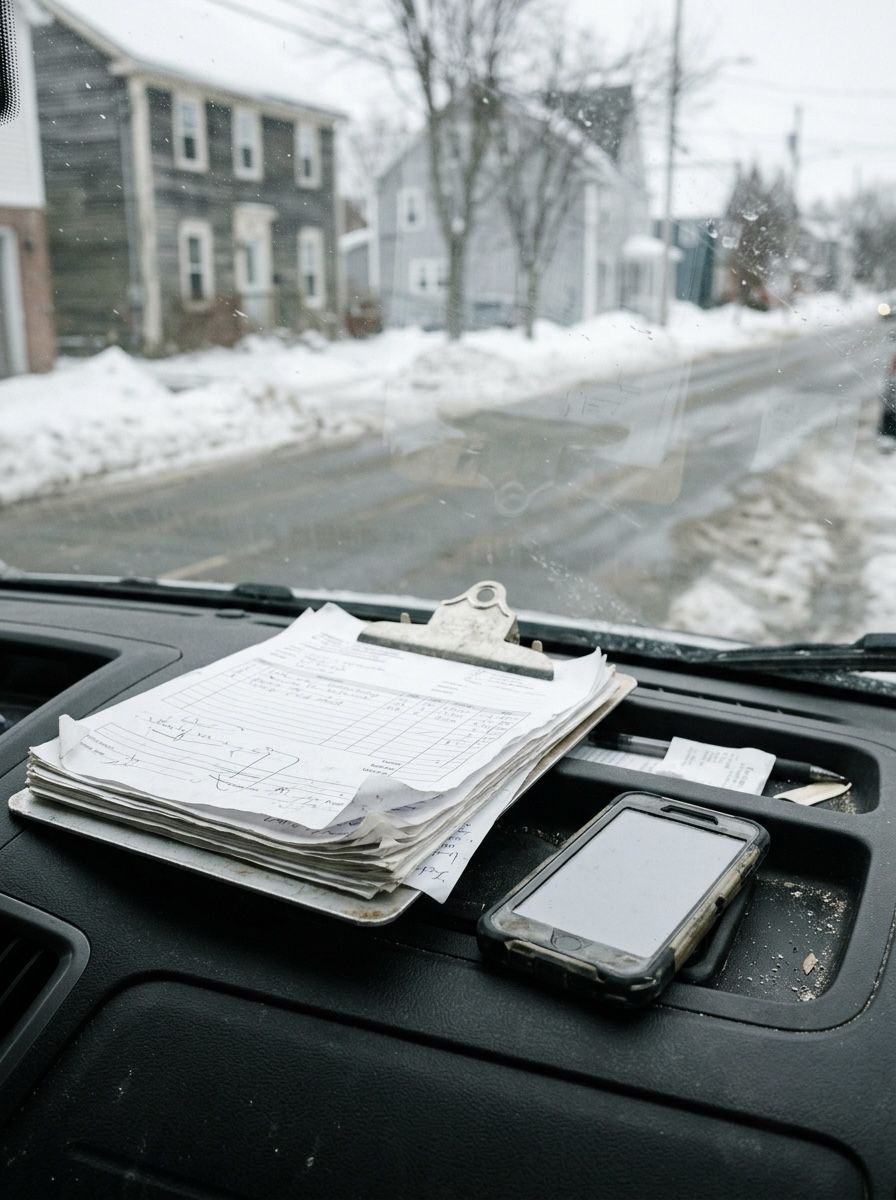 A clipboard of paper quotes and a phone on a work van dashboard, on a snowy street