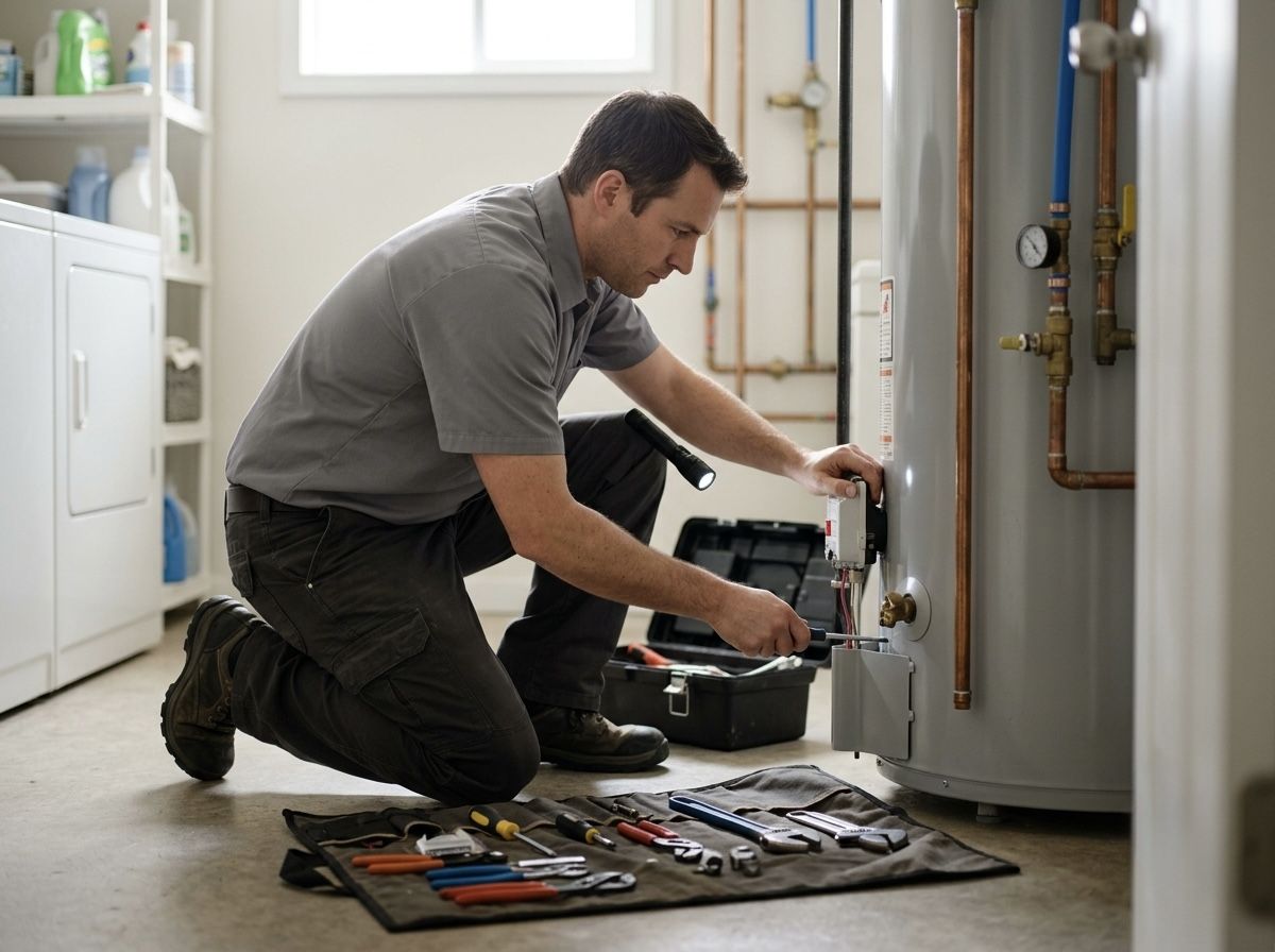 A plumber kneeling to service a water heater in a home utility room